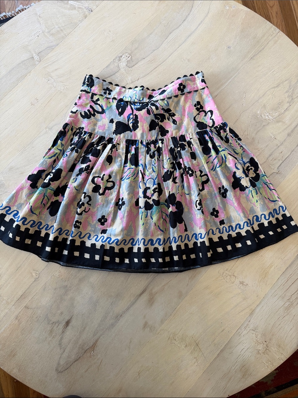 Anna Sui Multicolor Floral Circle Skirt with Black Trim